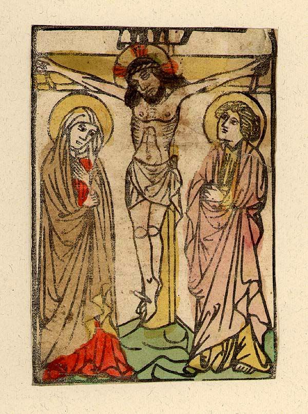 Chrystus na krzyżu. Drzeworyt kolorowany, Dolne lub Górne Niemcy, 1430-1440. źródło