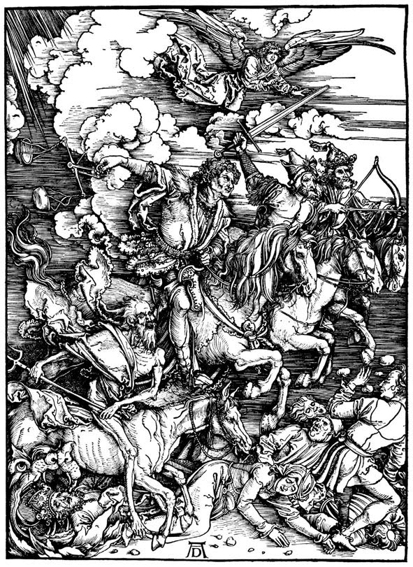 Czterej jeźdźcy apokalipsy. Albrecht Dürer, Drzeworyt, 1497-98
