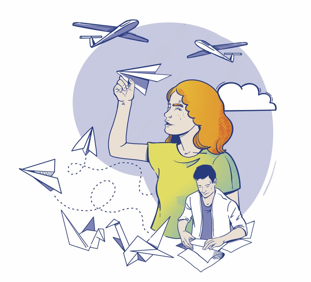 Ilustracja minimalistyczna przedstawia kobietę rxucającą papierowe samoloty