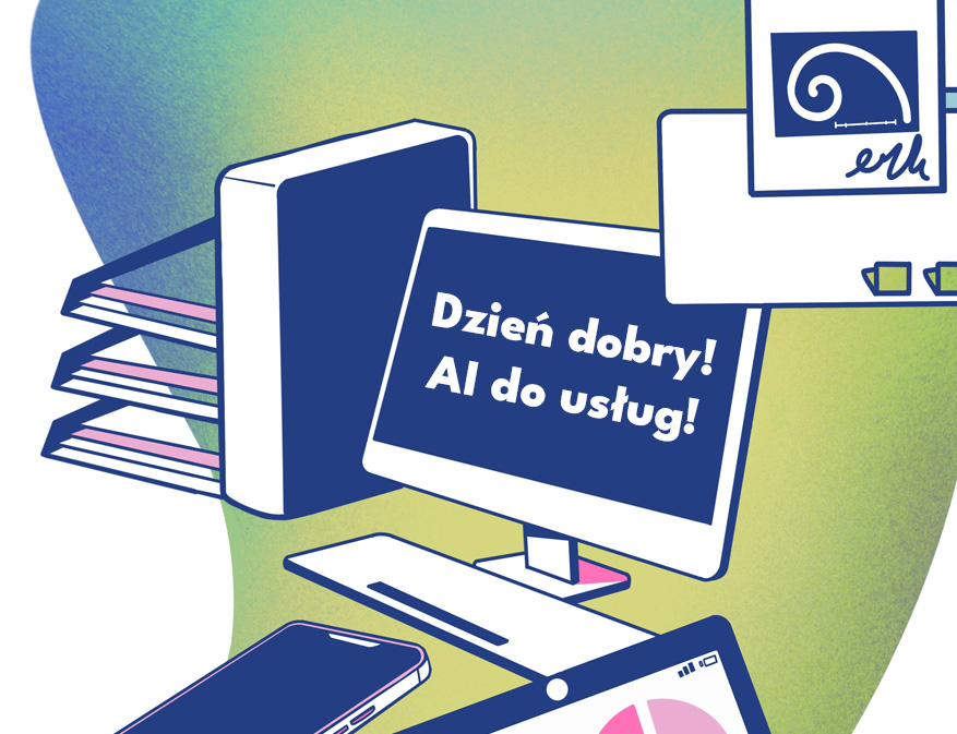 Ilustracja komputera w niebieskich i zielonych odcieniach z napisem "Dzień dobry! AI do usług!"