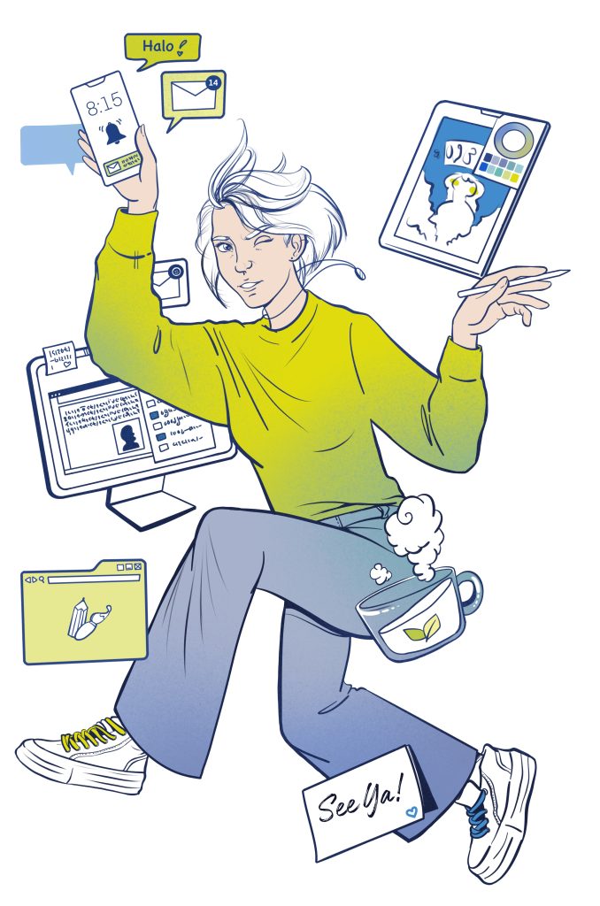 Ilustracja dziewczyny otoczonej komputerem, tabletem, telefonem. Kolory zielono-niebieskie.