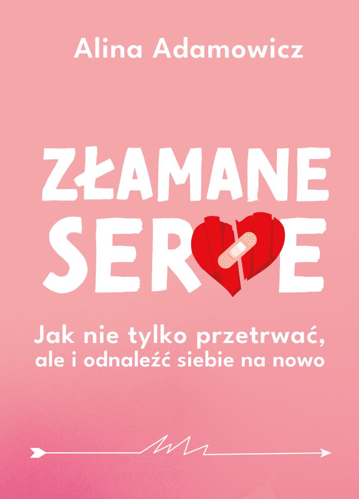 Typograficzna okładka ebooka - biała napisy na różowym tle. Od góry imię autorki Alina Adamowicz. Poniżej tytuł "Złamane serce". Litera "C" w słowie "serce" jest zastąpiona grafiką czerwonego serca. Pękniętego i zaklejonego plastrem. Poniżej podtytuł "Jak nie yulko przetrwać ale i odnaleźć siebie na nowo"