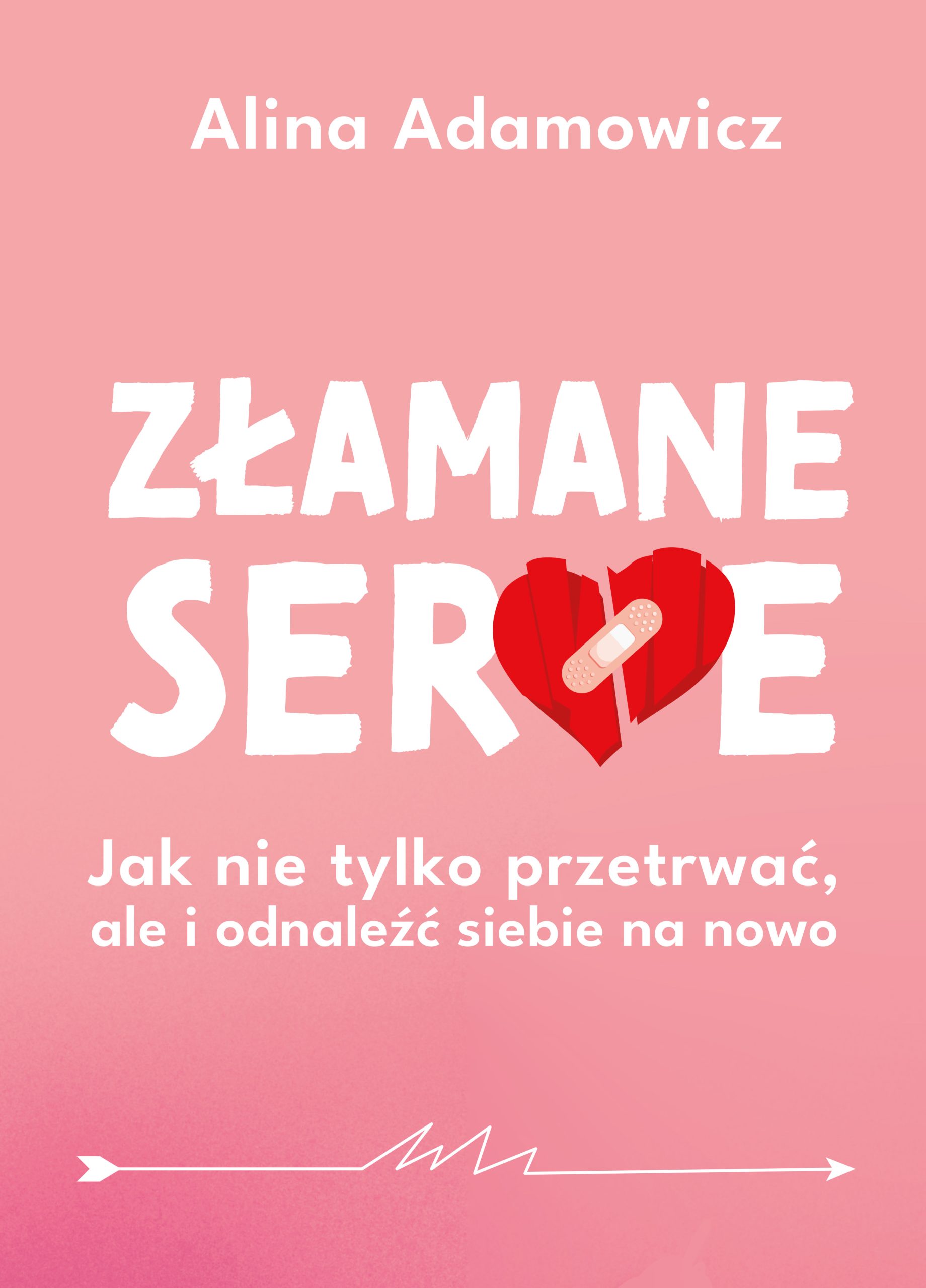 Typograficzna okładka ebooka - biała napisy na różowym tle. Od góry imię autorki Alina Adamowicz. Poniżej tytuł "Złamane serce". Litera "C" w słowie "serce" jest zastąpiona grafiką czerwonego serca. Pękniętego i zaklejonego plastrem. Poniżej podtytuł "Jak nie yulko przetrwać ale i odnaleźć siebie na nowo"