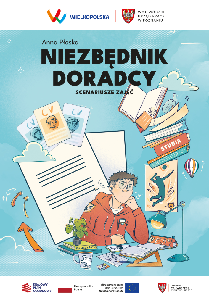 Kolorowa okładka w stylu komiksowym w odcieniach niebiesko-zielonych. U dołu nastoletni chłopak o brązowych włosach, w okularach i czerwonej bluzie, siedzi przy biurku zastawionym różnymi szkolnymi rzeczami jak książki, zeszyty czy piórniki i rozmyśla na temat swojej dalszej kariery. Czy iść na studia, czy rozpocząć pracę, gdzie szukać ofert. Nad nią czarnym prostym pismem nazwisko autorki "Anna Płoska", a poniżej "Niezbędnik doradcy"